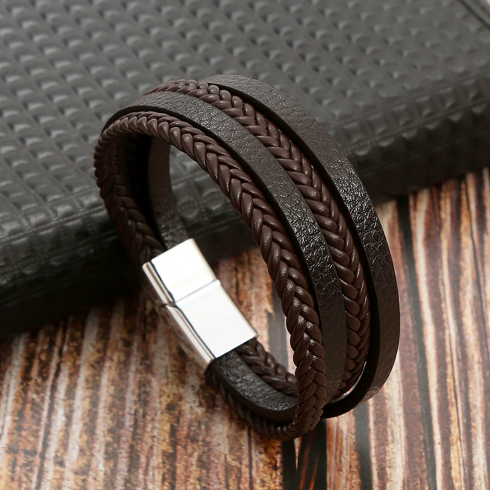Leather Handwoven Geometric Style Bracelet With Magnet Buckle Stainless Steel Electroplated For Men - Image 3