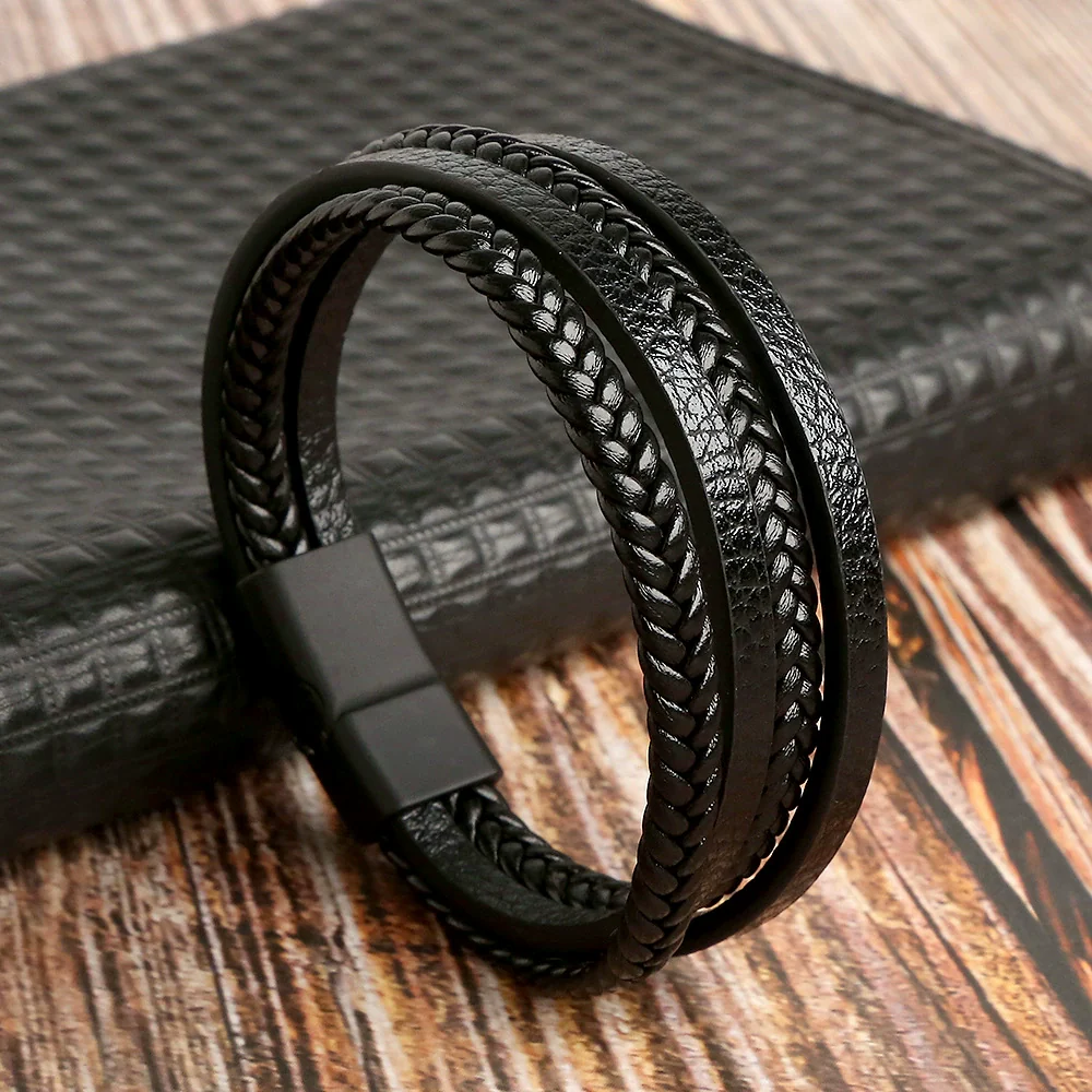 Leather Handwoven Geometric Style Bracelet With Magnet Buckle Stainless Steel Electroplated For Men - Image 5