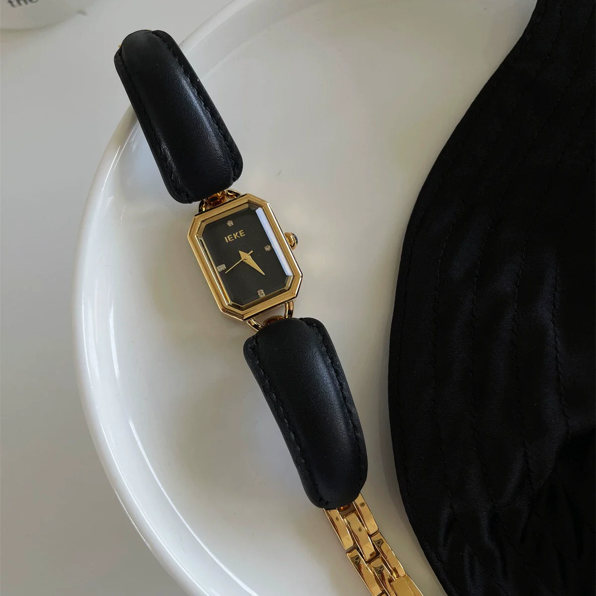 Leather Ladies Square Quartz Watch Bracelet With Elephant Design
