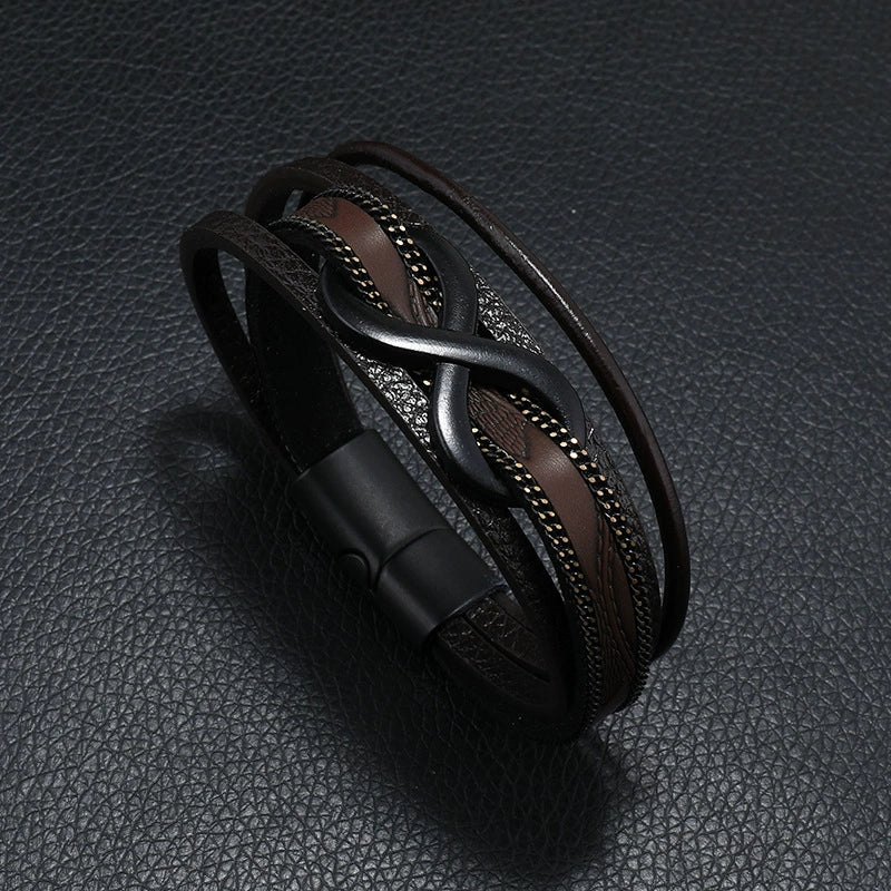 Leather Men's Retro Handmade Multilayer Braided Magnetic Buckle Bracelet With Letters Numbers Text Design - Image 2