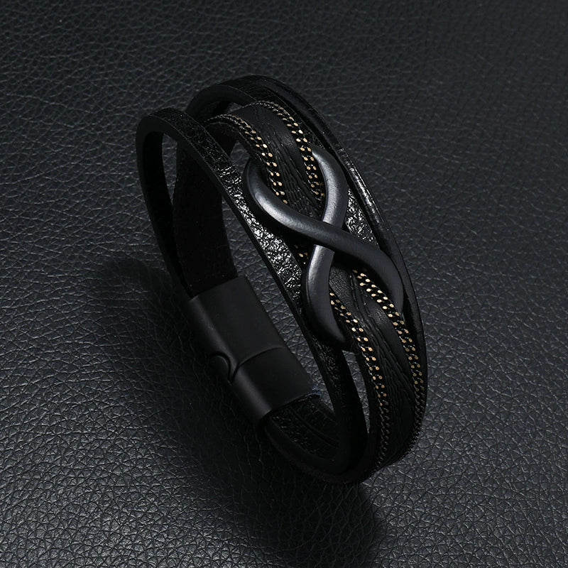 Leather Men's Retro Handmade Multilayer Braided Magnetic Buckle Bracelet With Letters Numbers Text Design - Image 3