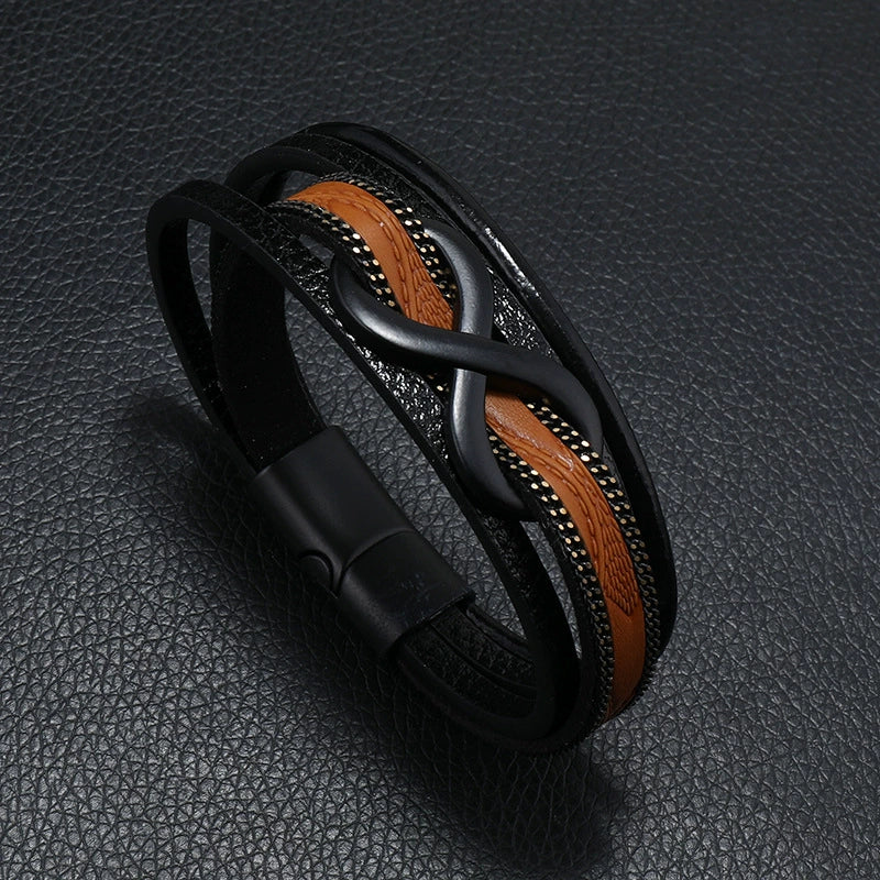 Leather Men's Retro Handmade Multilayer Braided Magnetic Buckle Bracelet With Letters Numbers Text Design - Image 4