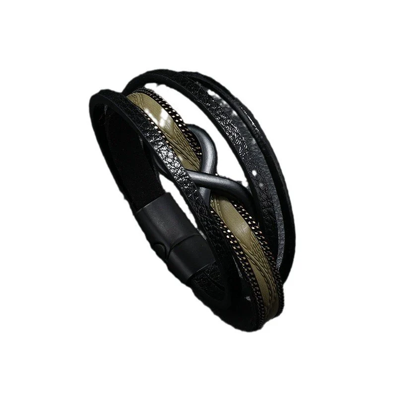 Leather Men's Retro Handmade Multilayer Braided Magnetic Buckle Bracelet With Letters Numbers Text Design - Image 5