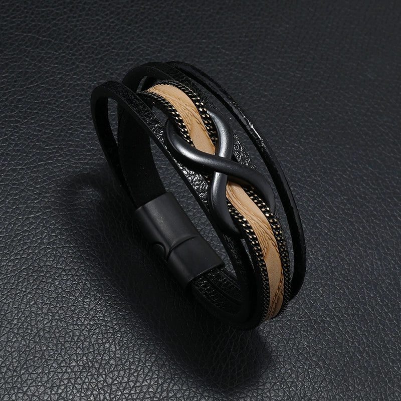 Leather Men's Retro Handmade Multilayer Braided Magnetic Buckle Bracelet With Letters Numbers Text Design - Image 6