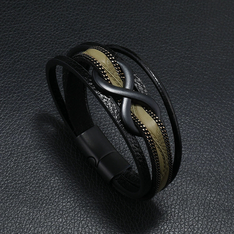 Leather Men's Retro Handmade Multilayer Braided Magnetic Buckle Bracelet With Letters Numbers Text Design - Image 7
