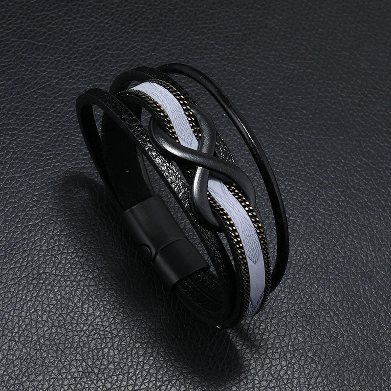 Leather Men's Retro Handmade Multilayer Braided Magnetic Buckle Bracelet With Letters Numbers Text Design - Image 8