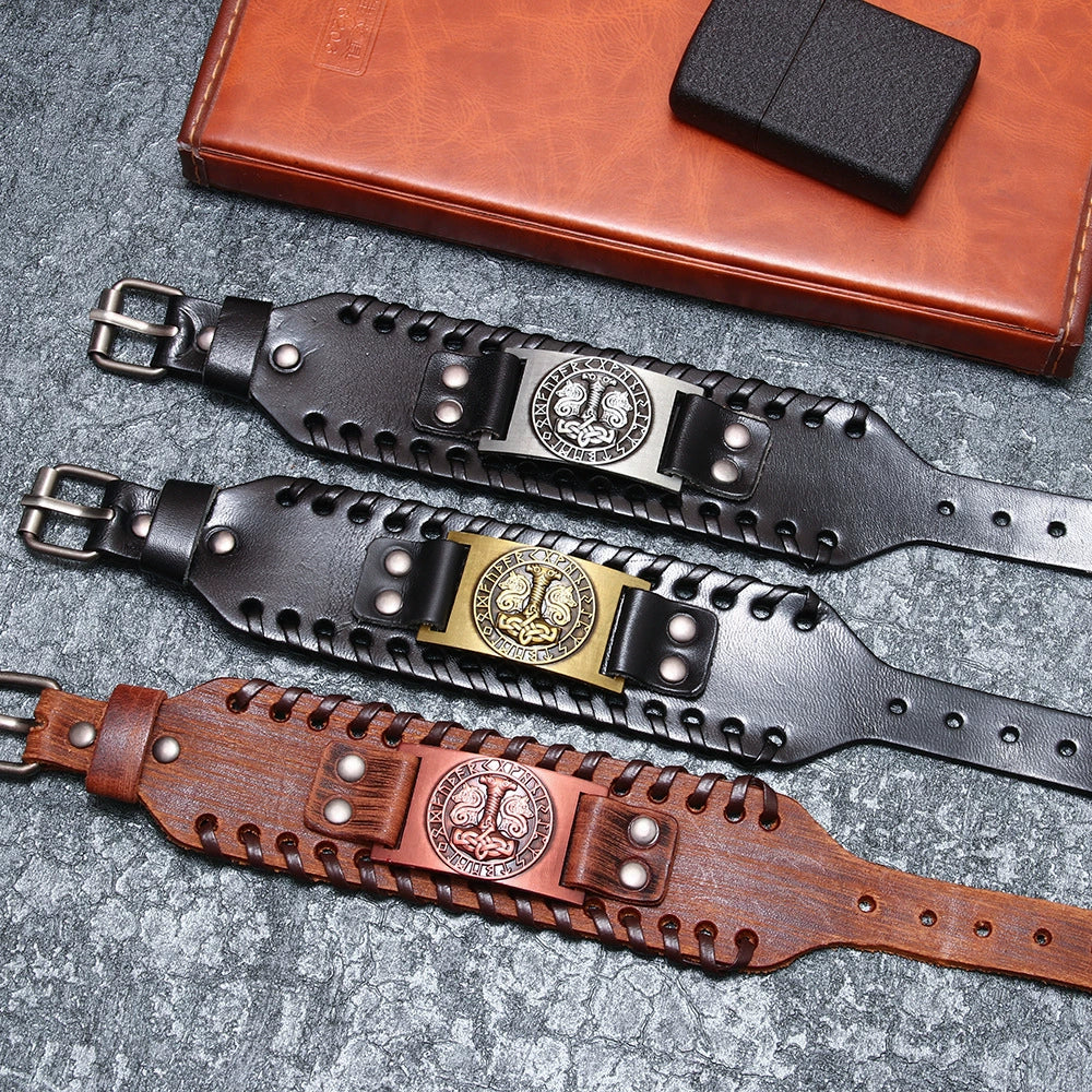 Leather Metal Curved Handmade Unisex Geometric Nordic Mythical Thor's Hammer Vintage Bracelet - Image 2