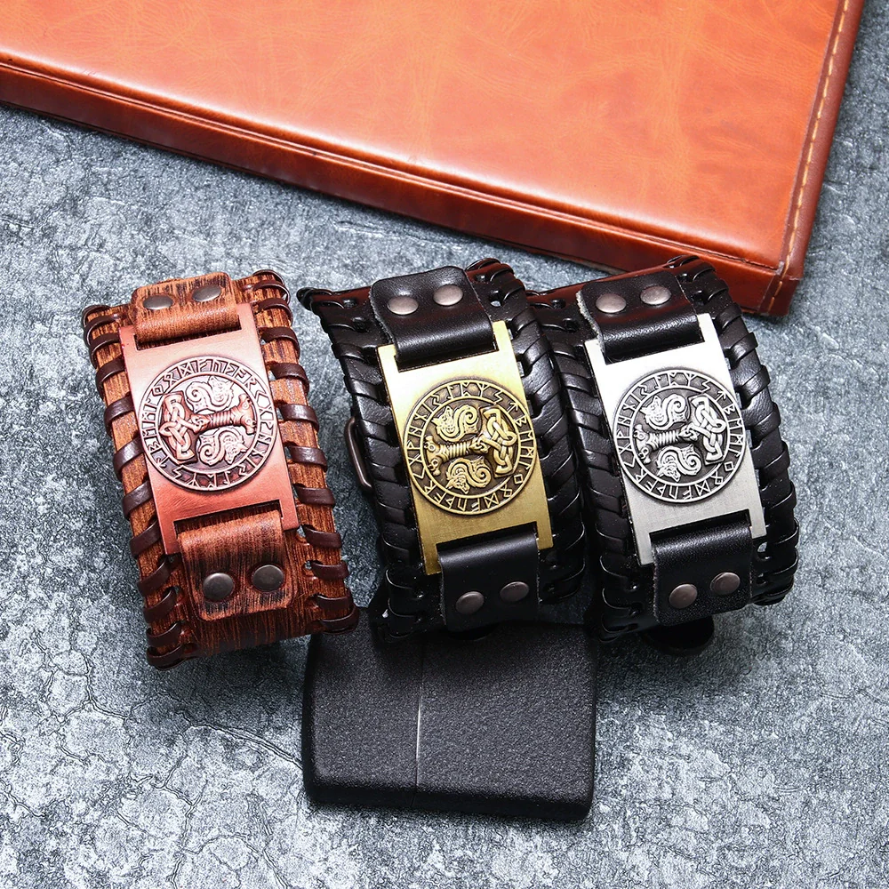 Leather Metal Curved Handmade Unisex Geometric Nordic Mythical Thor's Hammer Vintage Bracelet - Image 4