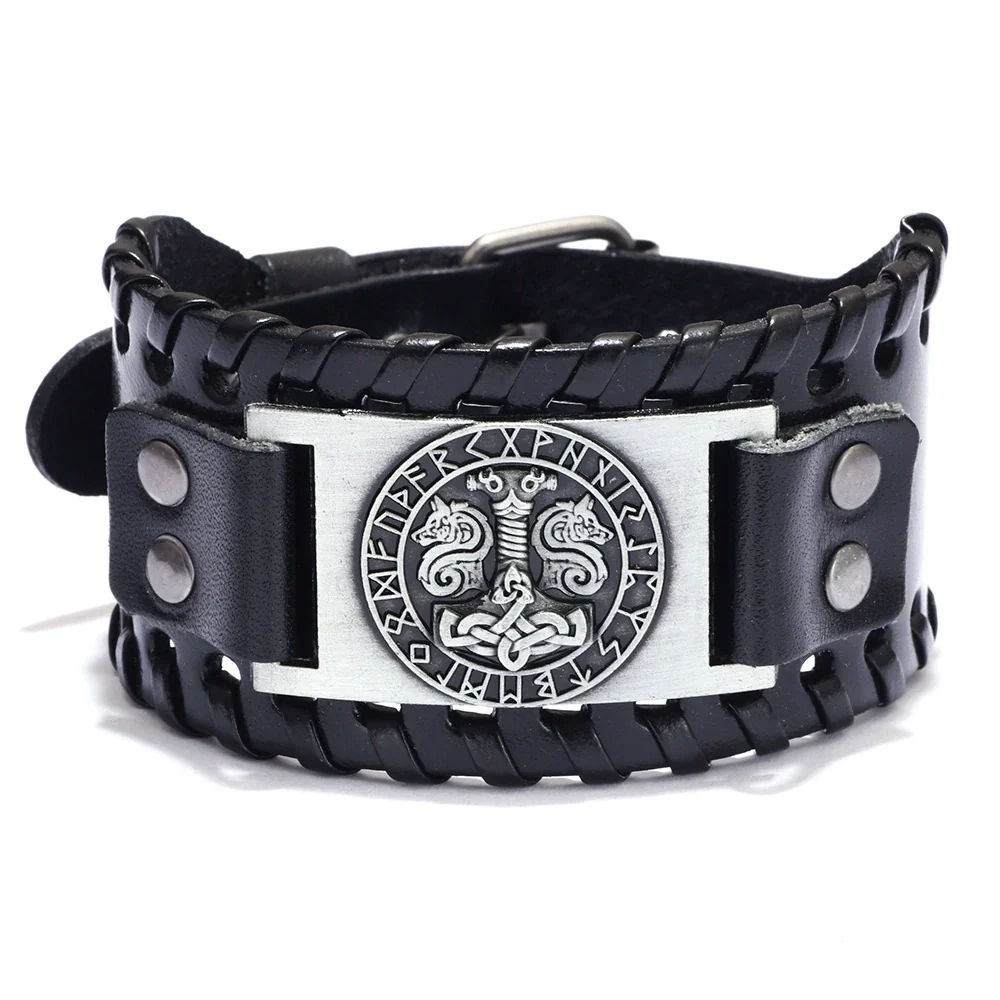 Leather Metal Curved Handmade Unisex Geometric Nordic Mythical Thor's Hammer Vintage Bracelet - Image 5