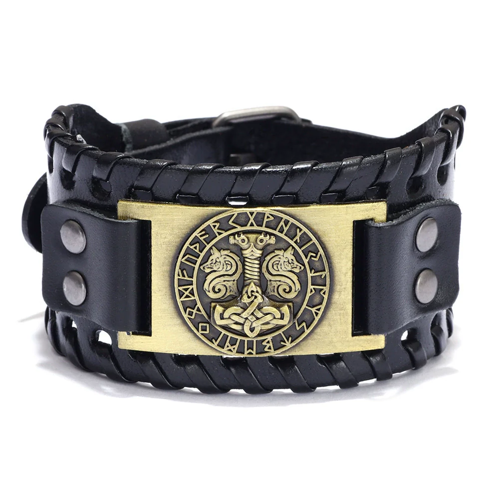 Leather Metal Curved Handmade Unisex Geometric Nordic Mythical Thor's Hammer Vintage Bracelet - Image 6