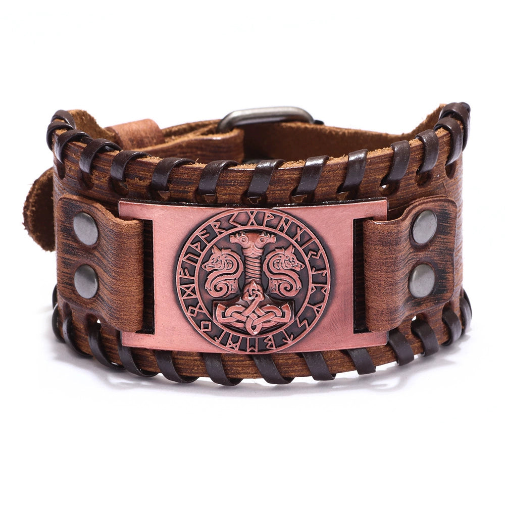 Leather Metal Curved Handmade Unisex Geometric Nordic Mythical Thor's Hammer Vintage Bracelet - Image 7