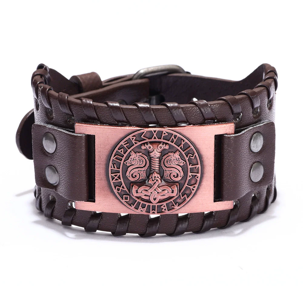 Leather Metal Curved Handmade Unisex Geometric Nordic Mythical Thor's Hammer Vintage Bracelet - Image 8