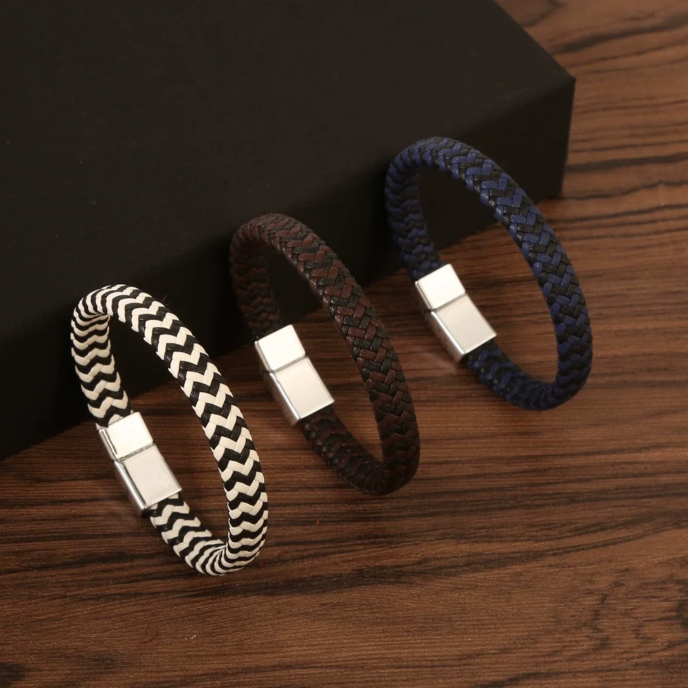 Leather Multilayer Braided Bracelet Handmade With Stainless Steel Magnet Buckle Electroplated Microfiber Unisex Jewelry