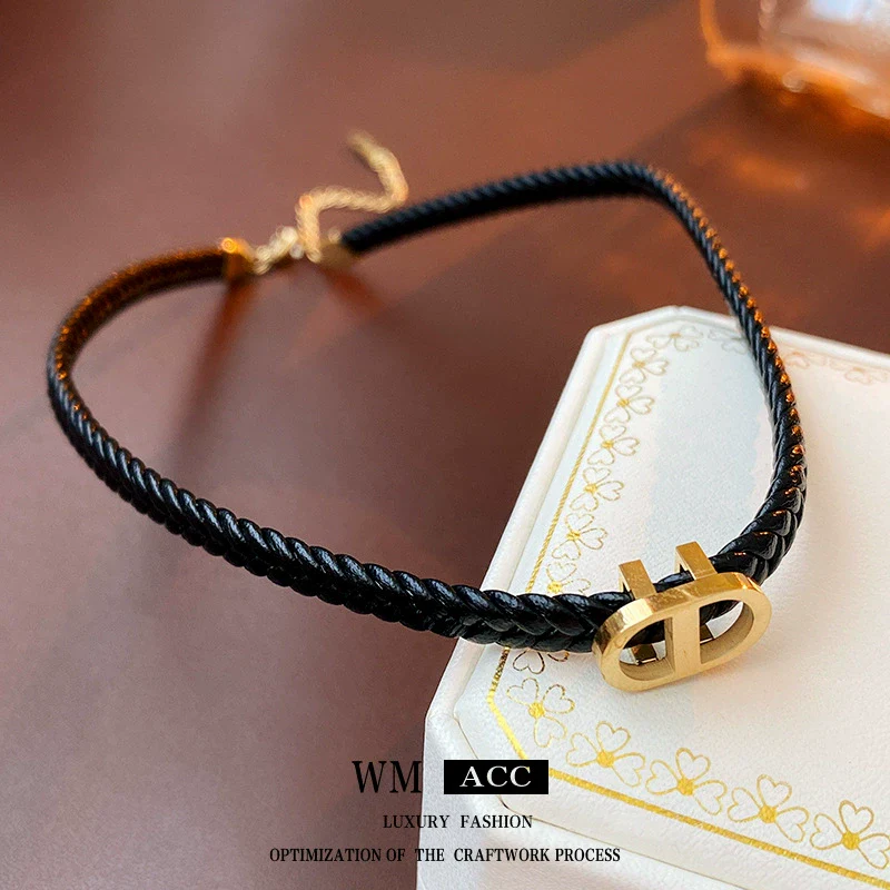 Leather Neck Chain With Titanium Steel Letter D Pendant Electroplated Women's Creative Design - Image 4