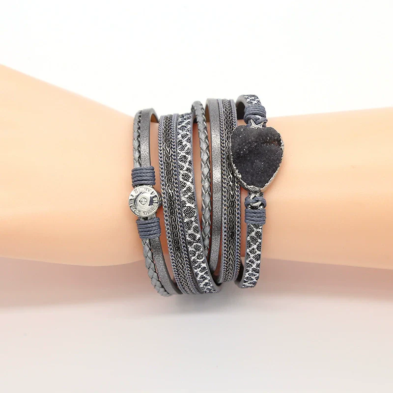 Leather Stainless Steel Geometric Shapes Woven Bracelet Jewelry With Electroplating Treatment - Image 2