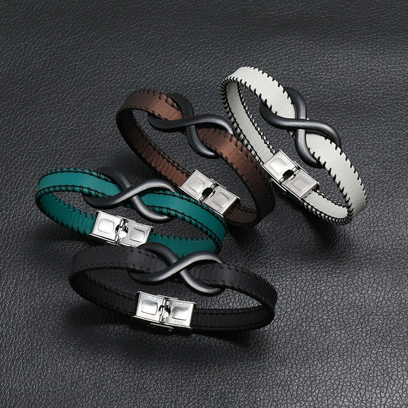 Leather Stainless Steel Hand Knitted Hiphop Infinite Symbol Men's Bracelet Jewelry