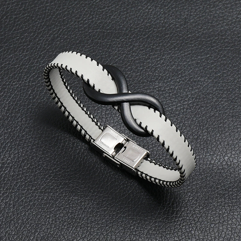 Leather Stainless Steel Hand Knitted Hiphop Infinite Symbol Men's Bracelet Jewelry - Image 2