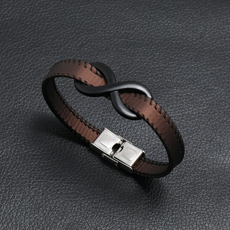 Leather Stainless Steel Hand Knitted Hiphop Infinite Symbol Men's Bracelet Jewelry - Image 3