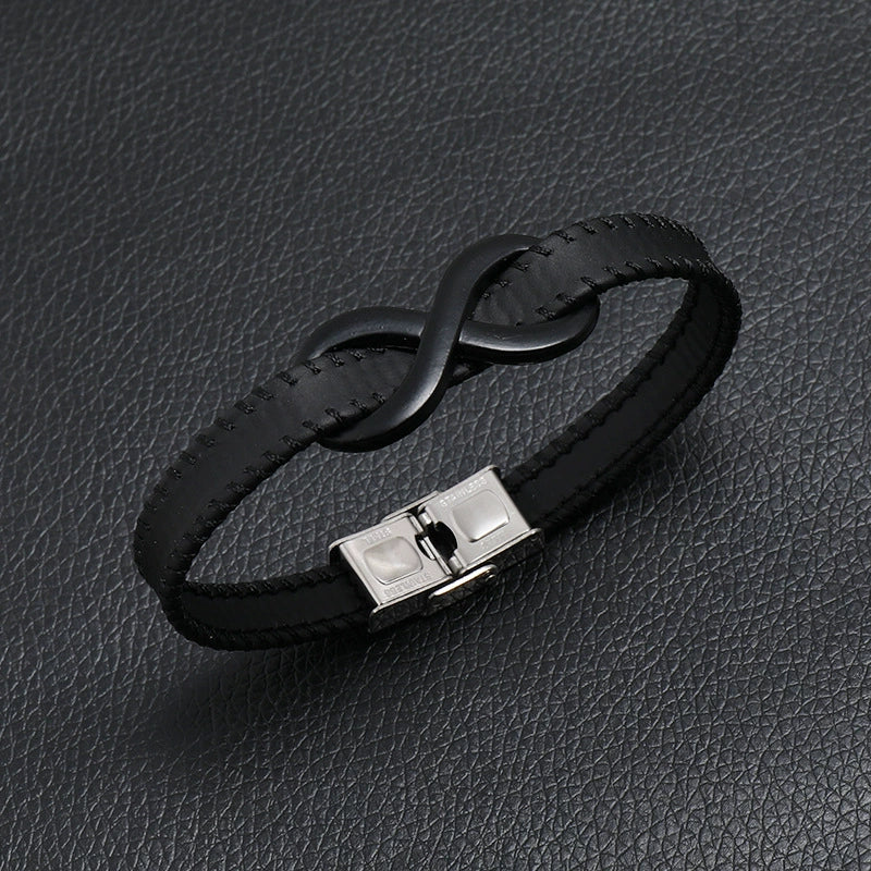 Leather Stainless Steel Hand Knitted Hiphop Infinite Symbol Men's Bracelet Jewelry - Image 4