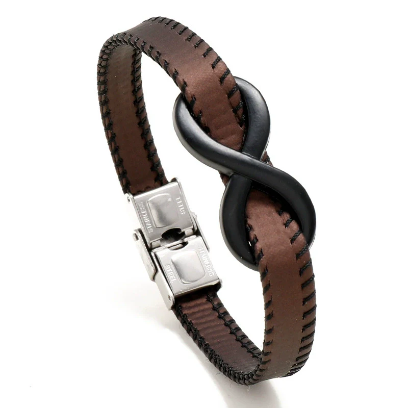 Leather Stainless Steel Hand Knitted Hiphop Infinite Symbol Men's Bracelet Jewelry - Image 5