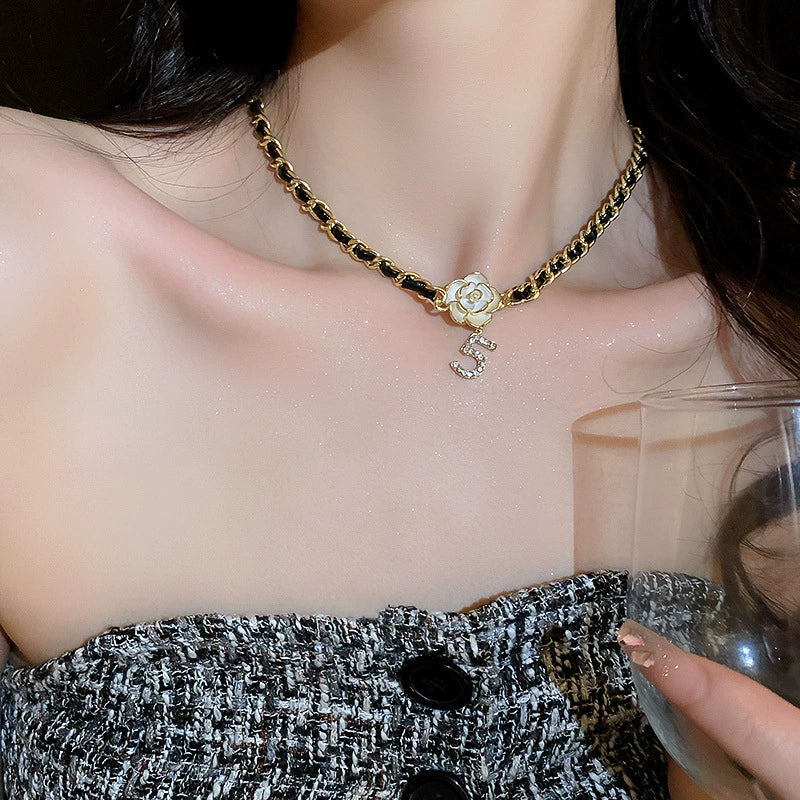 Leather Sweater Chain With Diamondembedded Digital Flower Pattern Electroplated Allmatching For Women - Image 3