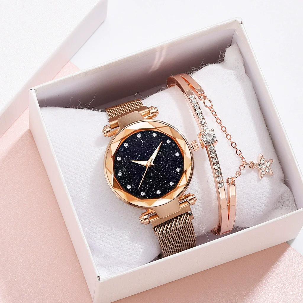 Leisure Alloy Women's Quartz Watch And Bracelet Twopiece Set With Magnet Buckle And Round Dial