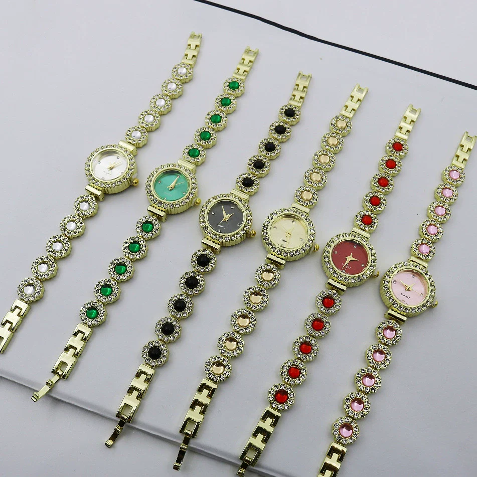 Leisure Fashion Women's Watch Alloy Case Stainless Steel Strap Mineral Strengthened Mirror Round Dial Chalcedony Bracelet Quartz Watch