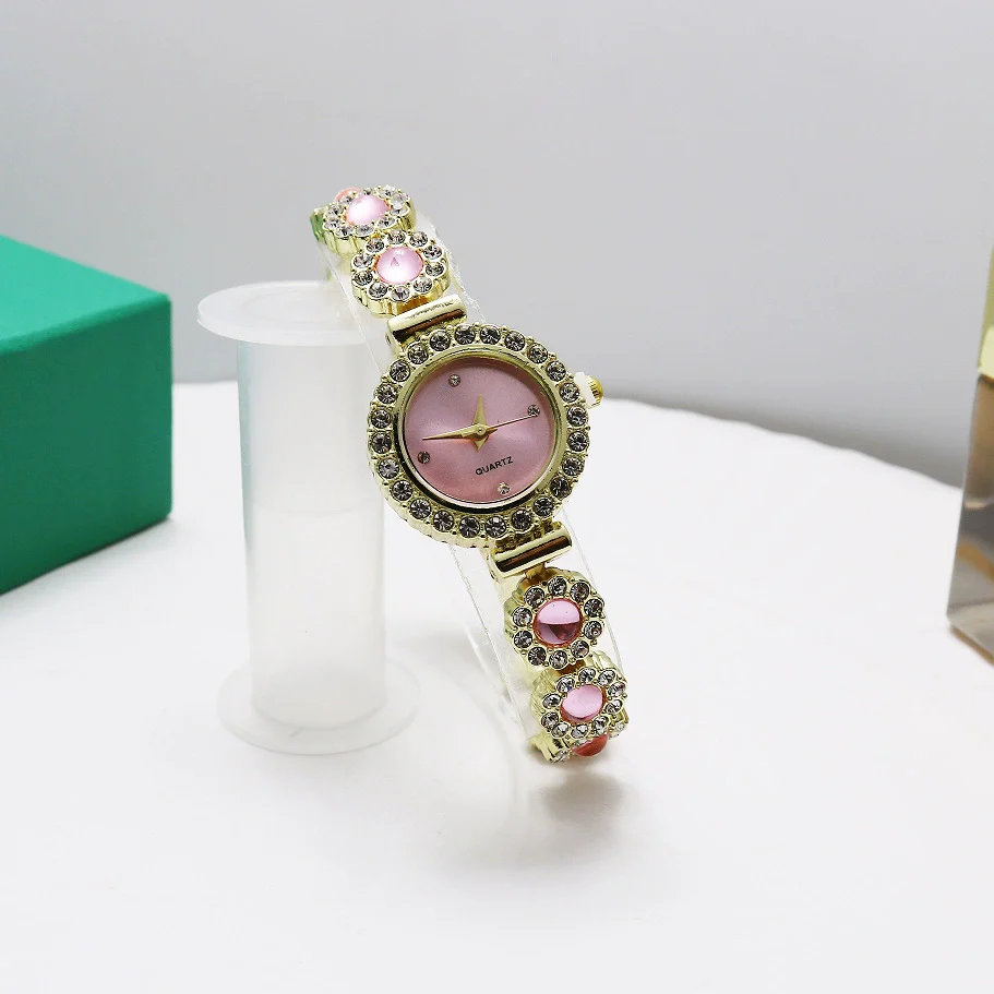 Leisure Fashion Women's Watch Alloy Case Stainless Steel Strap Mineral Strengthened Mirror Round Dial Chalcedony Bracelet Quartz Watch - Image 2