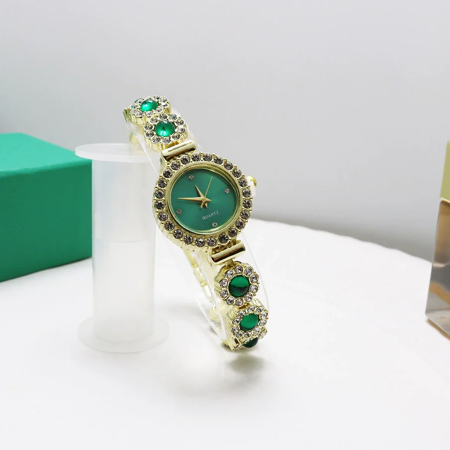 Leisure Fashion Women's Watch Alloy Case Stainless Steel Strap Mineral Strengthened Mirror Round Dial Chalcedony Bracelet Quartz Watch - Image 4