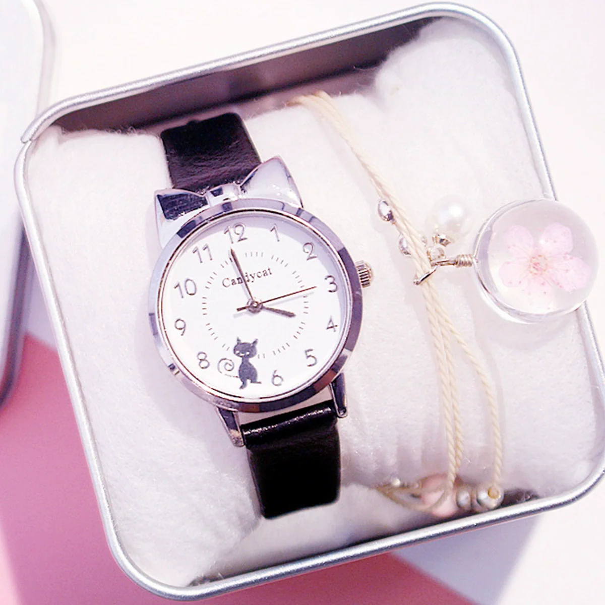 Leisure Female Alloy Ordinary Glass Mirror Pin Buckle Imitation Leather Quartz Watch With Round Dial And Kitten Ears Flower Design - Image 8