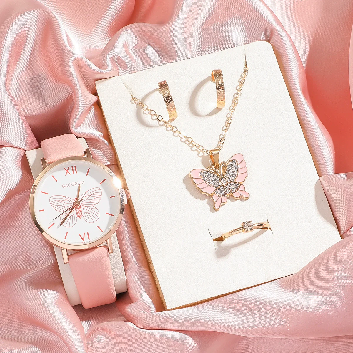 Leisure Female Belt Watch And Butterfly Pendant Jewelry Set With Alloy Case Imitation Leather Strap And Stainless Steel Buckle In Spring And Summer Style - Image 2