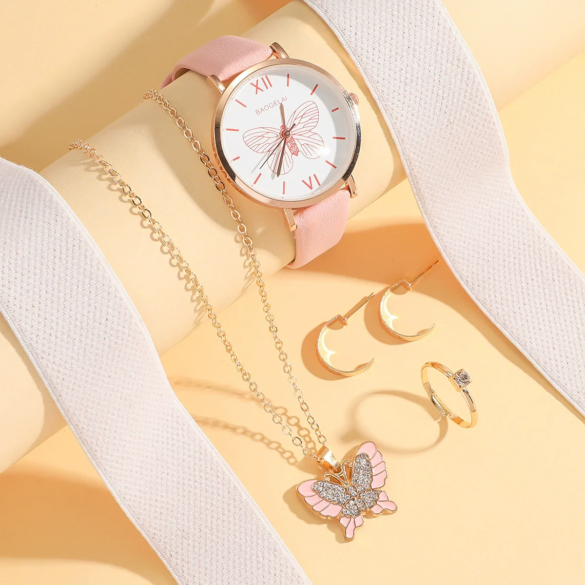 Leisure Female Belt Watch And Butterfly Pendant Jewelry Set With Alloy Case Imitation Leather Strap And Stainless Steel Buckle In Spring And Summer Style - Image 3