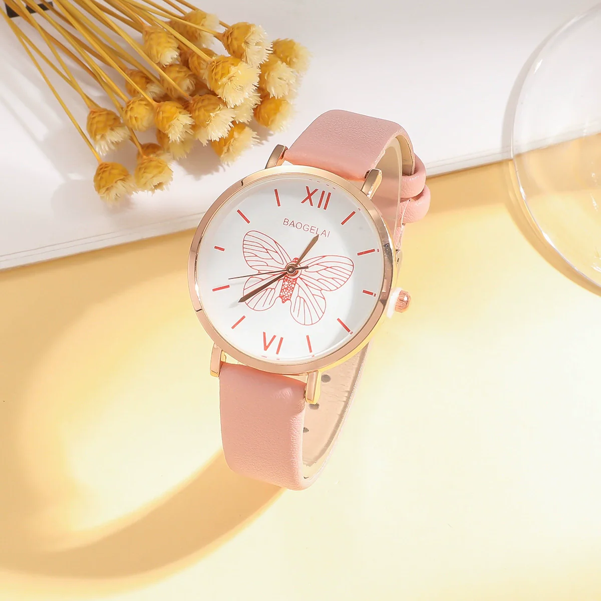 Leisure Female Belt Watch And Butterfly Pendant Jewelry Set With Alloy Case Imitation Leather Strap And Stainless Steel Buckle In Spring And Summer Style - Image 4