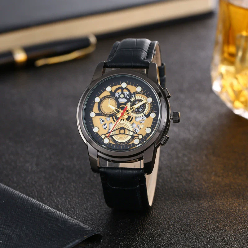Leisure Hollow Quartz Watch Alloy Case Imitation Leather Strap Iron Buckle Round Dial Business Style Universal For Men