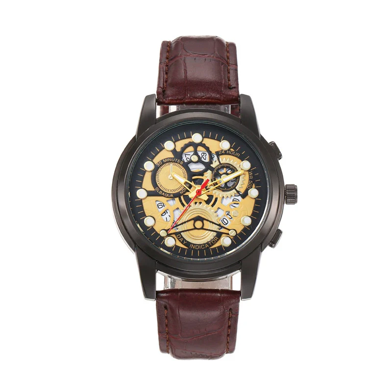 Leisure Hollow Quartz Watch Alloy Case Imitation Leather Strap Iron Buckle Round Dial Business Style Universal For Men - Image 6