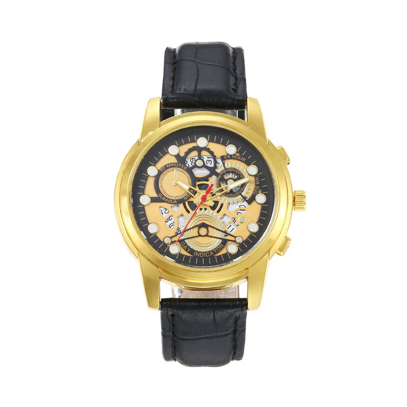 Leisure Hollow Quartz Watch Alloy Case Imitation Leather Strap Iron Buckle Round Dial Business Style Universal For Men - Image 9