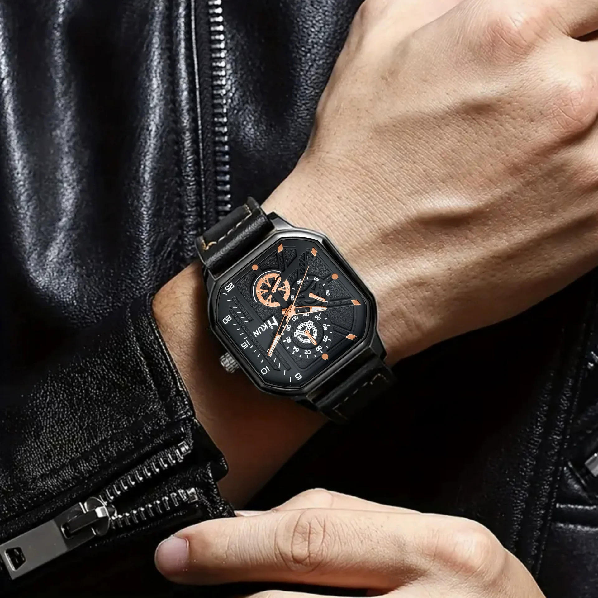 Leisure Men's Alloy Pin Buckle Doublelayer Square Imitation Leather Belt Sports Quartz Watch - Image 3