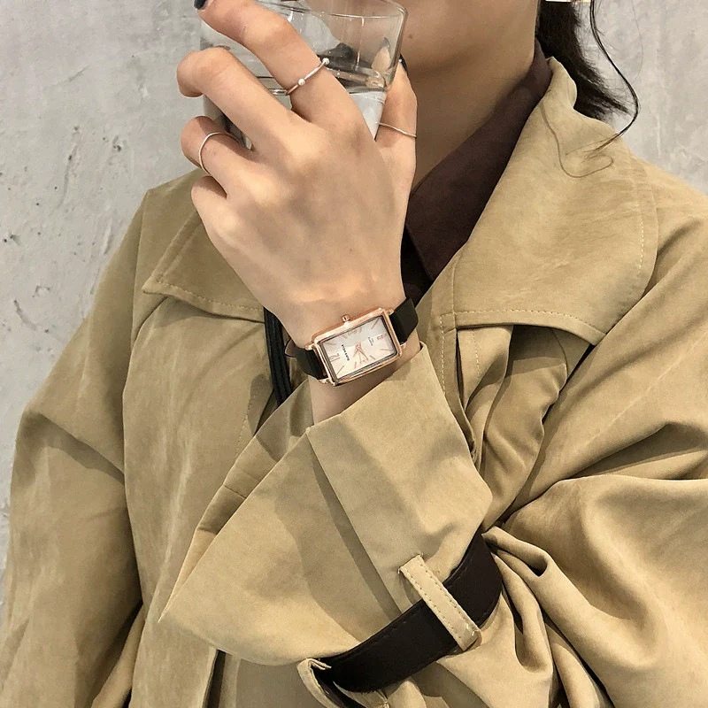 Leisure Quartz Belt Watch For Female Middle School Students Alloy Case Pu Strap Rectangle Dial