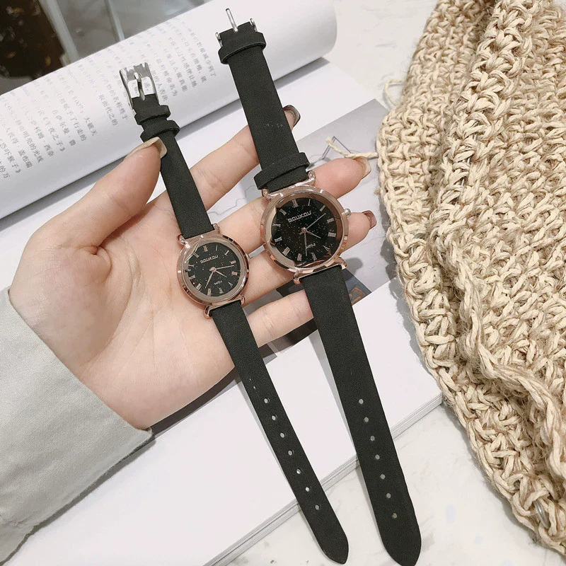 Leisure Retro Allmatch Couple Watch Alloy Case Imitation Leather Strap Stainless Steel Clasp Round Dial Ordinary Glass Mirror - Image 3