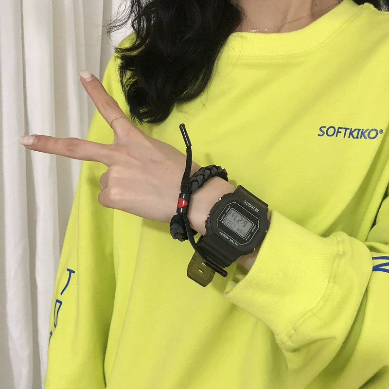 Leisure Square Electronic Watch Rubber Case Silicone Strap Stainless Steel Clasp Plastic Mirror