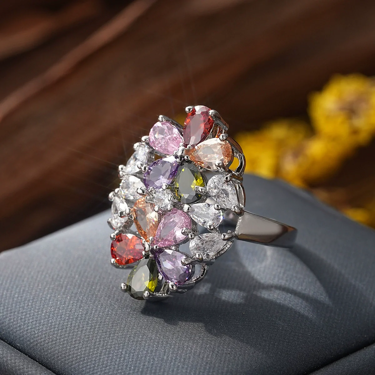 Light Luxury Colorful Zirconium Flowershaped Copper Ring For Women With Electroplating Treatment