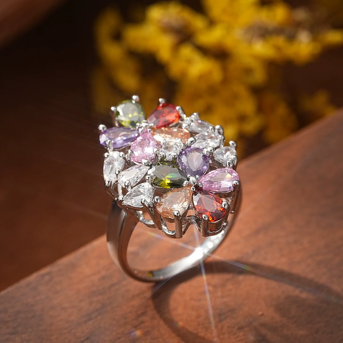 Light Luxury Colorful Zirconium Flowershaped Copper Ring For Women With Electroplating Treatment - Image 2