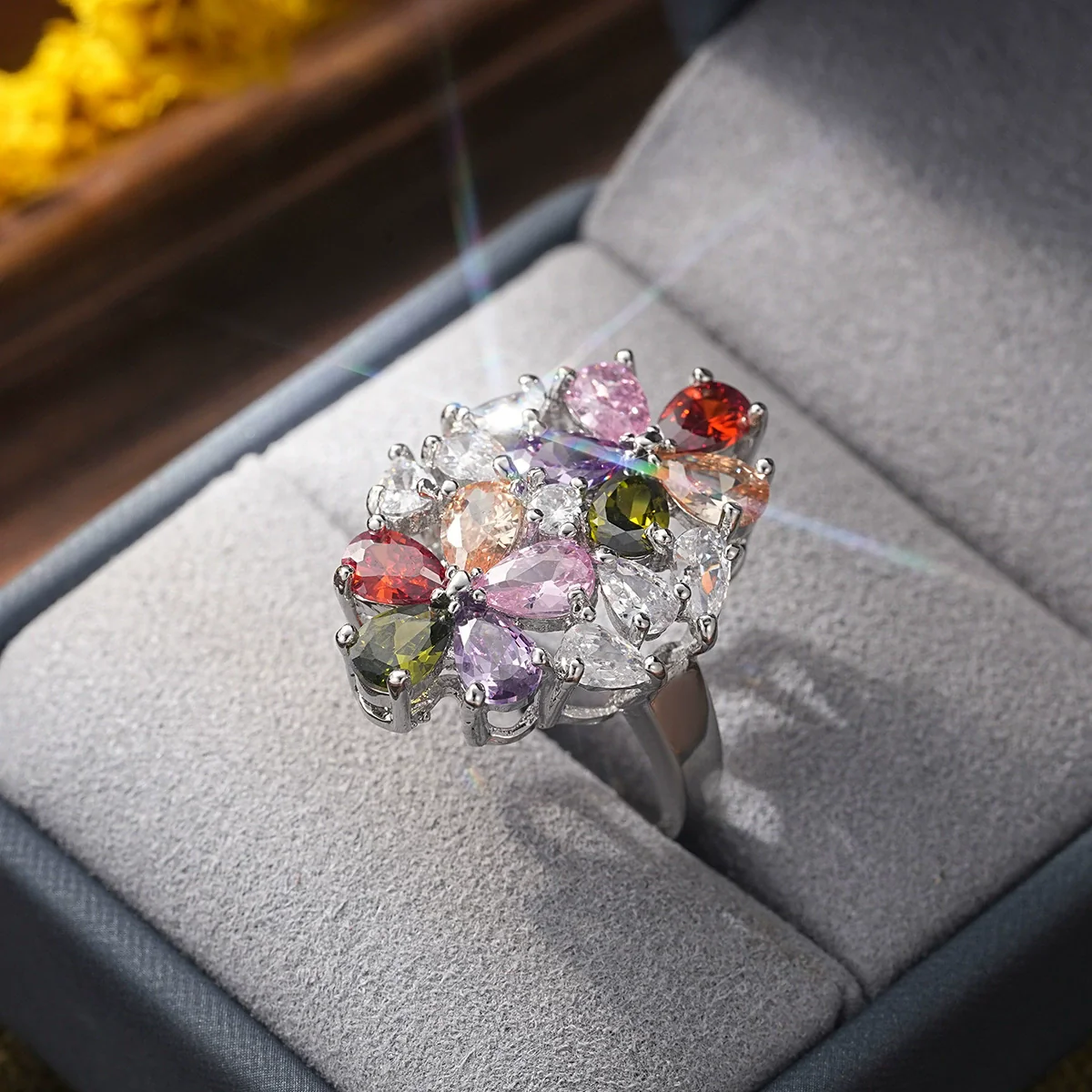 Light Luxury Colorful Zirconium Flowershaped Copper Ring For Women With Electroplating Treatment - Image 3