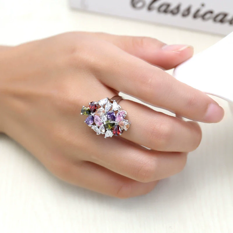Light Luxury Colorful Zirconium Flowershaped Copper Ring For Women With Electroplating Treatment - Image 4