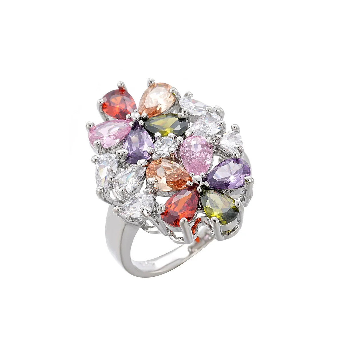 Light Luxury Colorful Zirconium Flowershaped Copper Ring For Women With Electroplating Treatment - Image 5