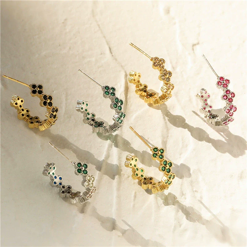 Light Luxury Copper Fourleaf Clover Flower Petal Earrings Inlaid Zircon For Women