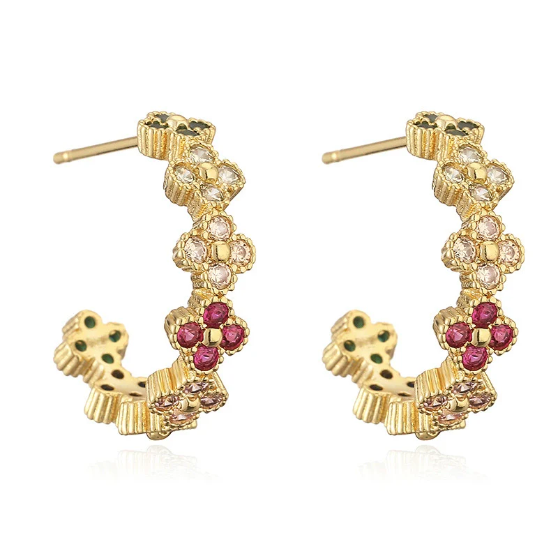 Light Luxury Copper Fourleaf Clover Flower Petal Earrings Inlaid Zircon For Women - Image 12