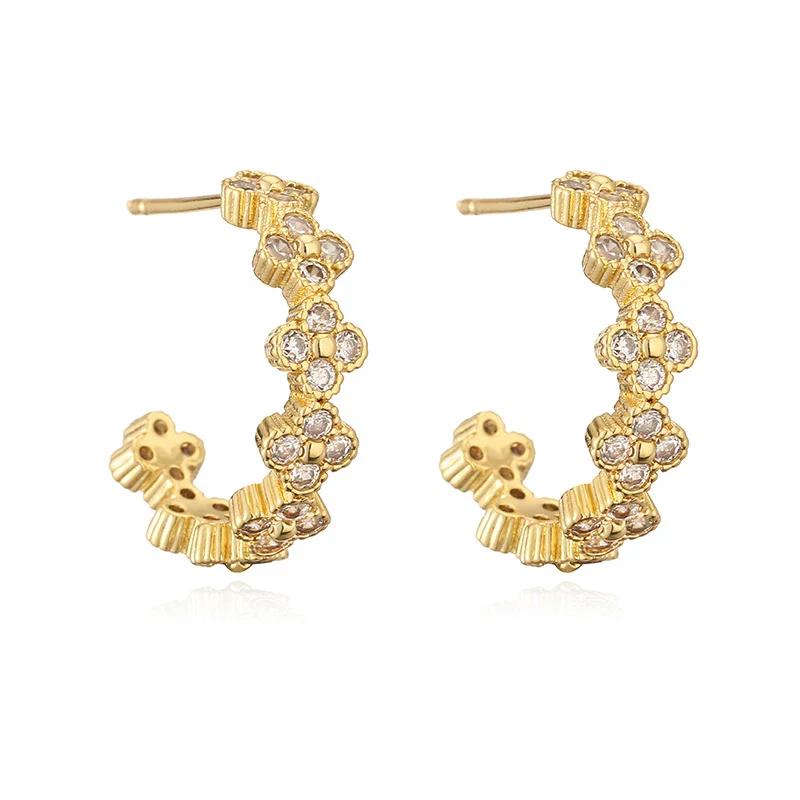 Light Luxury Copper Fourleaf Clover Flower Petal Earrings Inlaid Zircon For Women - Image 3