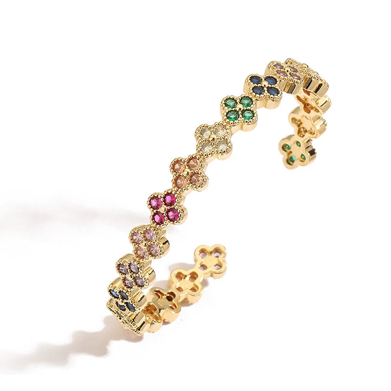 Light Luxury Copper Zirconia Four Leaf Clover Opening Adjustable Women's Bracelet - Image 3