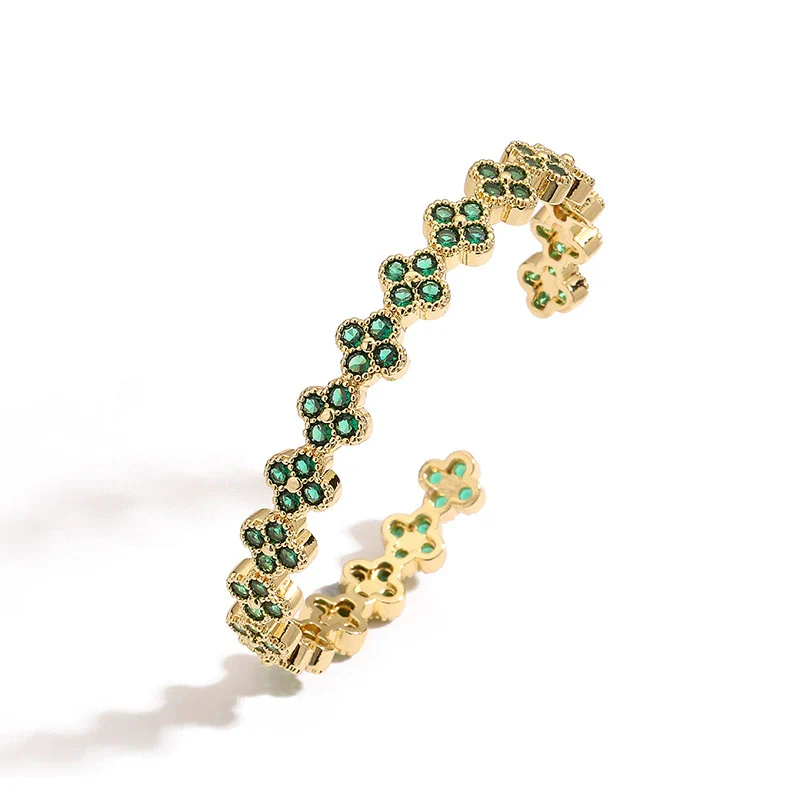 Light Luxury Copper Zirconia Four Leaf Clover Opening Adjustable Women's Bracelet - Image 5